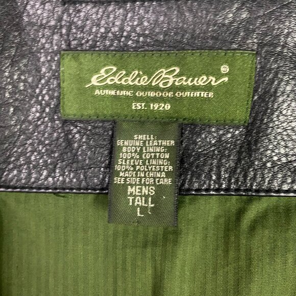 Eddie Bauer Leather Jacket Men's Large Tall LT Heavyweight Bomber Black - Picture 6 of 12